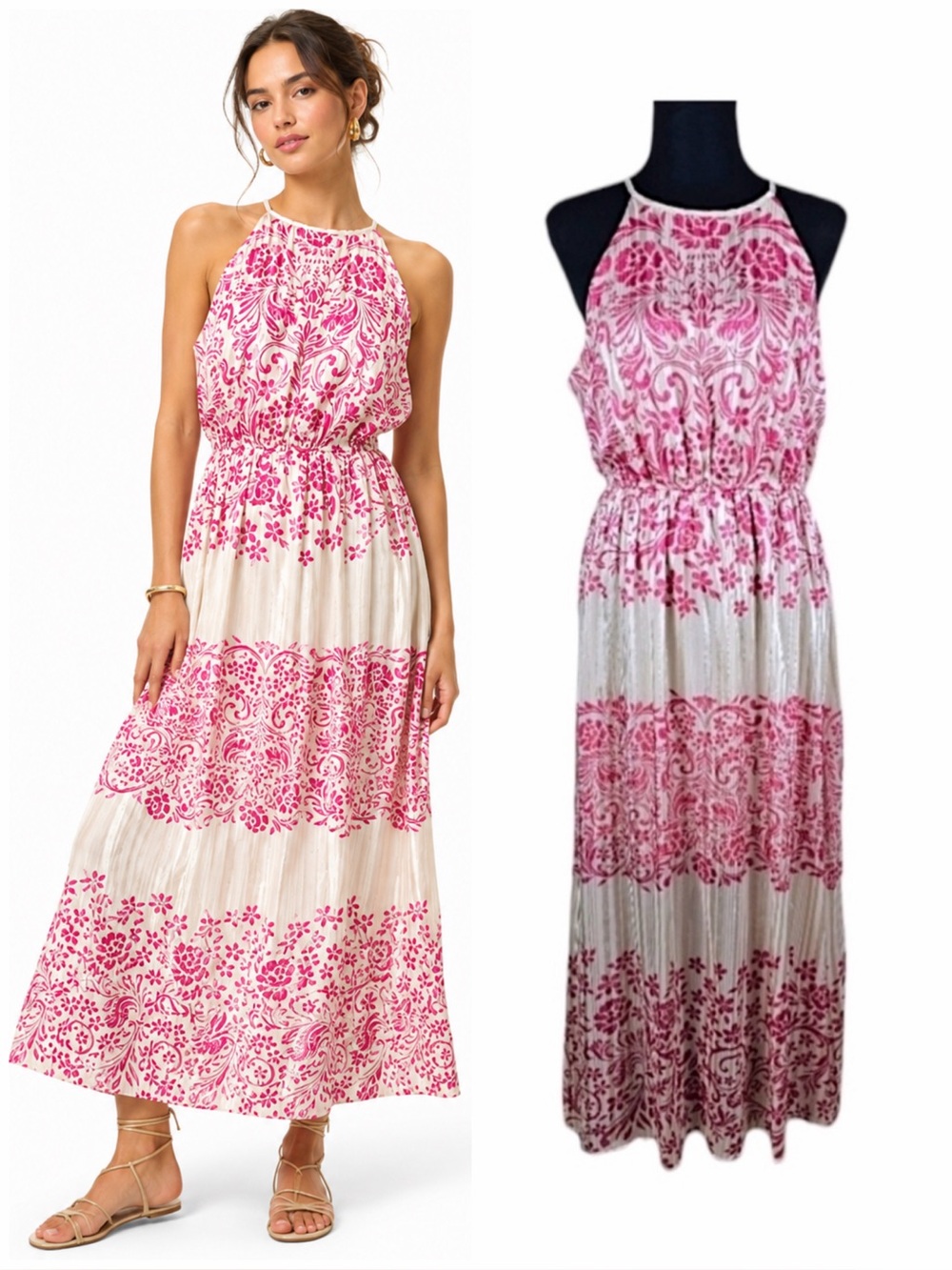 Savanna Jane Pink Floral Boho Halter Maxi Dress M Resort Beach Coastal Cowgirl